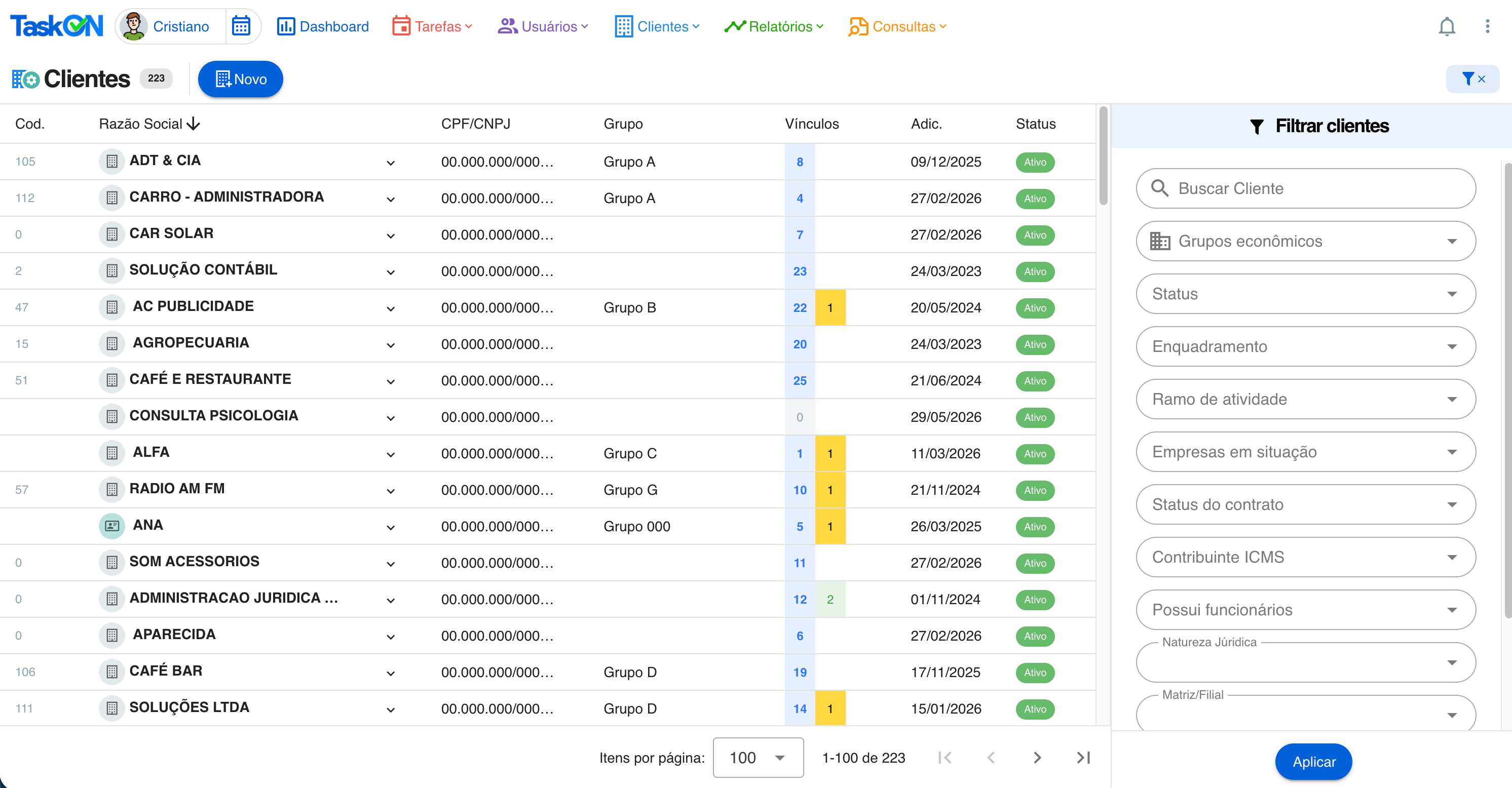 Tela de gerenciamento de clientes do TaskON com filtros e grupos econômicos